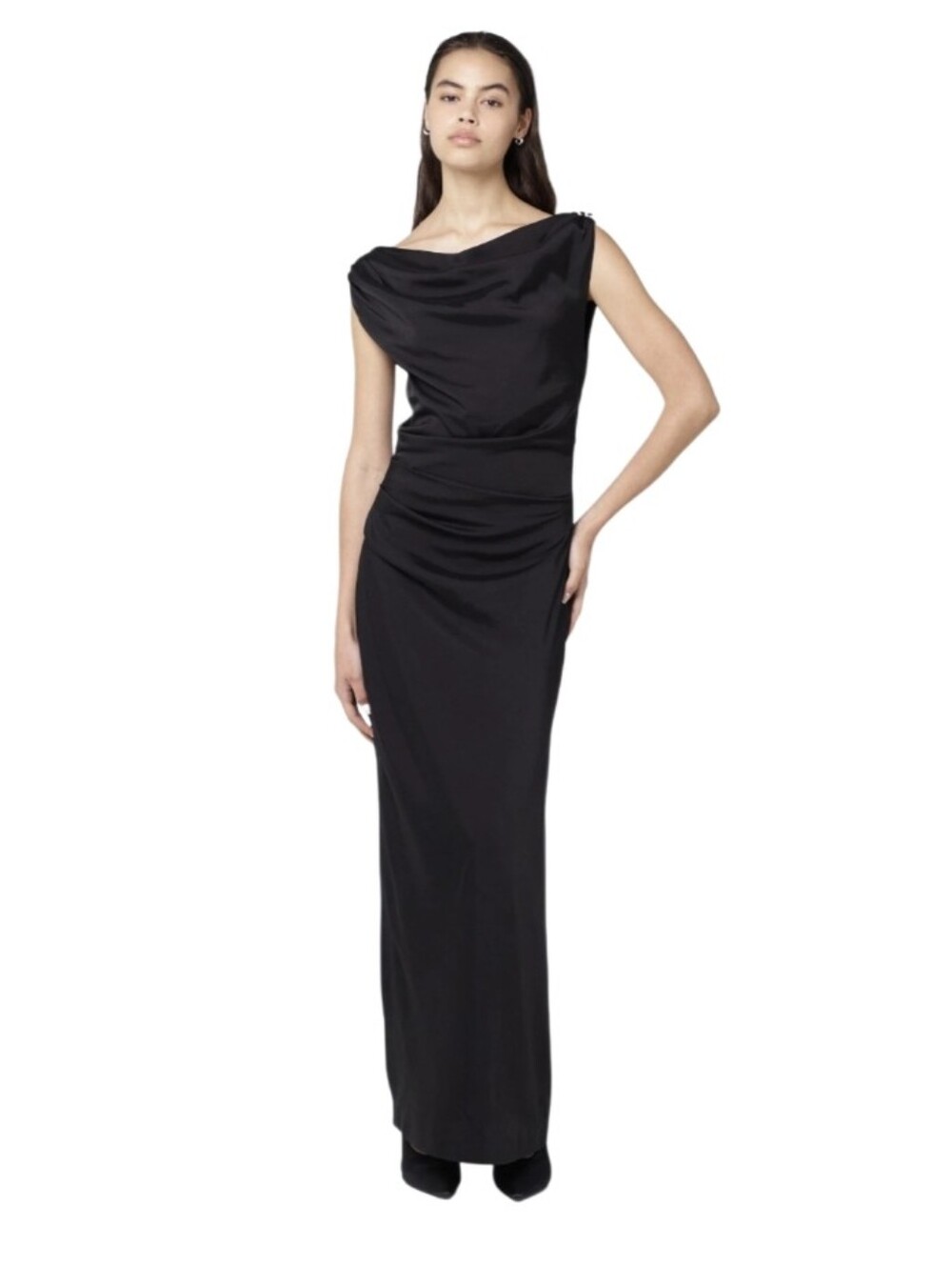 #6158 a new day Black One-Shoulder Cowl Maxi Dress